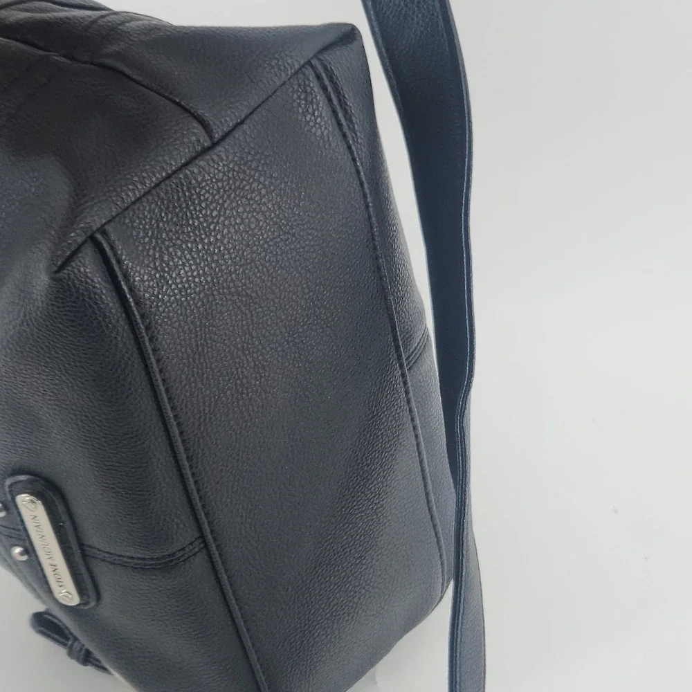 Stone Mountain Black Leather Crossbody Bag Dual Zip Top Multi Pocket Studded